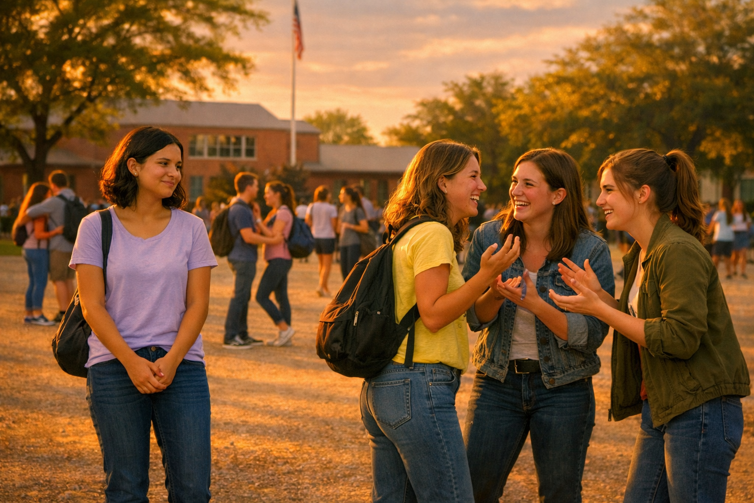 Nia, a high‑school student, stands on the parade ground during the evening roll call, watching her peers reconnect after the holidays. Groups of students chat and embrace in the background 