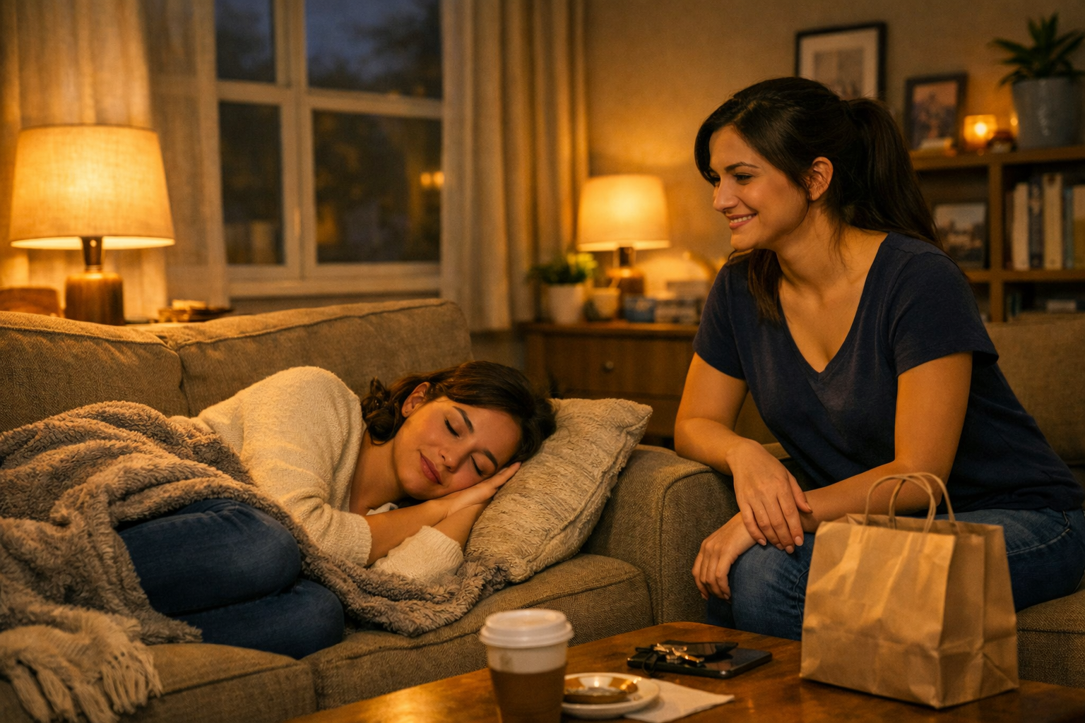 Nia lies curled up on the couch, half‑wrapped in a blanket, looking tired. Her roommate Pesh sits on the armrest beside her, to provide emotional support.