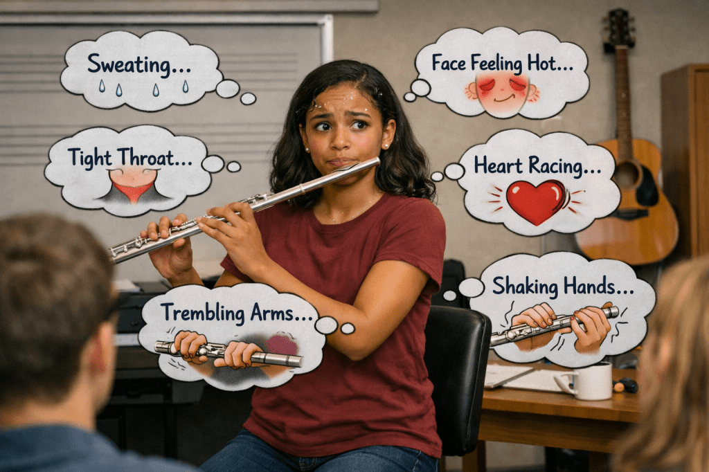 A nervous Nia stands at the front holding a flute. Thought bubbles show her physiological symptoms like sweating on her forehead, flushed face, tight throat, rapid heartbeat, trembling arms, and shaking hands, as classmates watch from their seats.