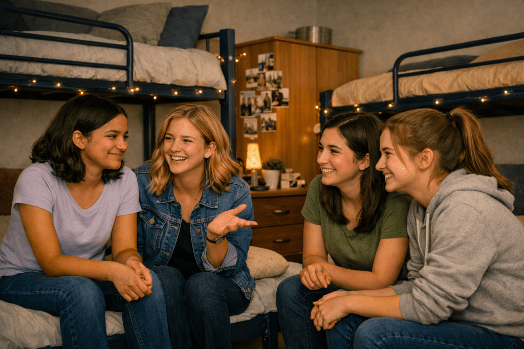 Nia sits on her bunk bed, leaning in with interest as Emily animatedly recounts past social events. Eva and Evelyn are sat on the opposite lower bunk listening attentively. The room is warmly lit with fairy lights, and casual décor, conveying camaraderie among the four roommates.