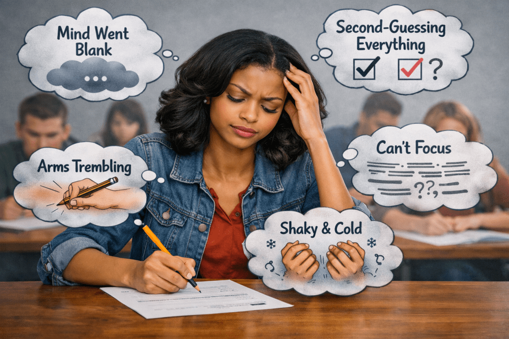 Nia sitting at a desk during exam. The illustration visualizes the exam anxiety symptoms she's experiencing including mind blanking, difficulty focusing, second-guessing, arms trembling and shaky hands.