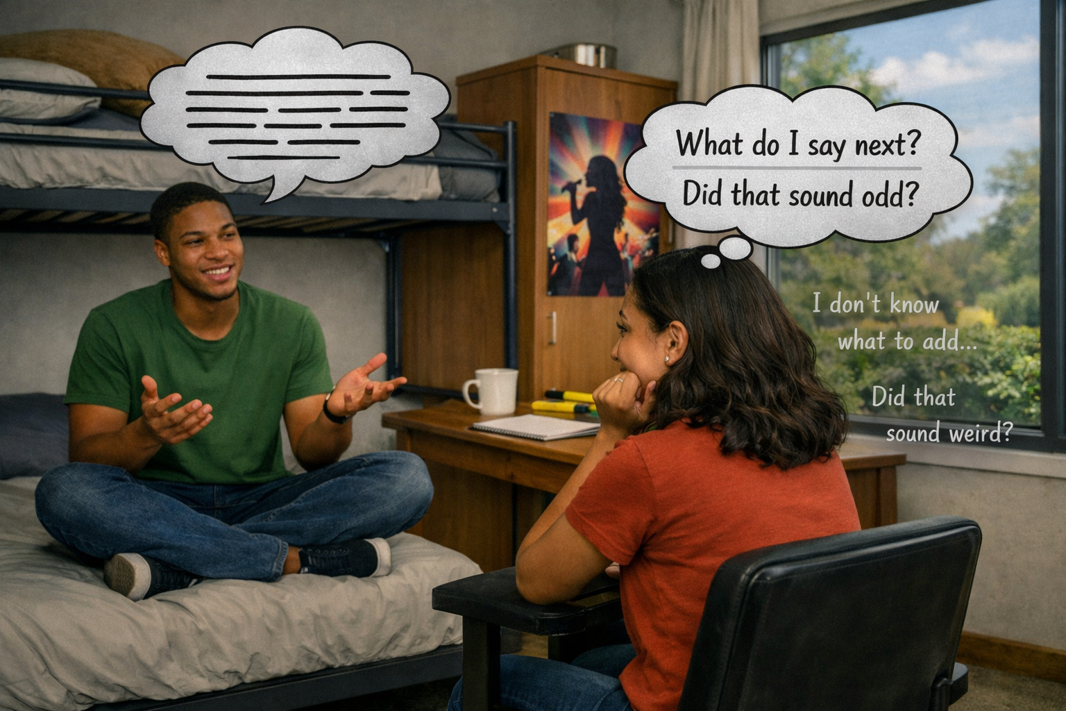 Martin speaks animatedly from the bunk bed while Nia sits at her desk. Her thought bubble shows her inner thoughts like “What do I say next?” and “Did that sound odd?”