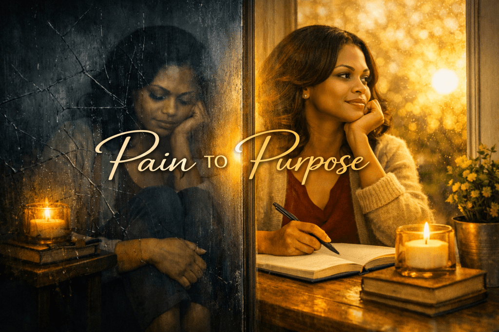 Split image showing Nia’s transformation from pain to purpose. On the left, she sits curled in a corner, dimly lit and downcast beside a flickering candle, symbolizing emotional turmoil. On the right, she sits upright at a sunlit window, writing in her journal with a calm, hopeful expression symbolizing self-awareness, acceptance and resolve to share her story as a light for others walking a similar path. 